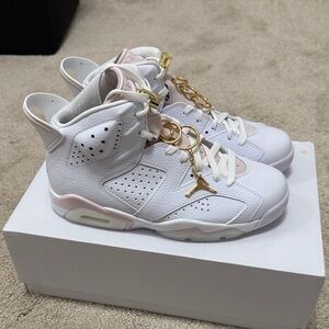 Jordan 6 Retro White and Light Pink High-Top Sneakers with Gold Accents